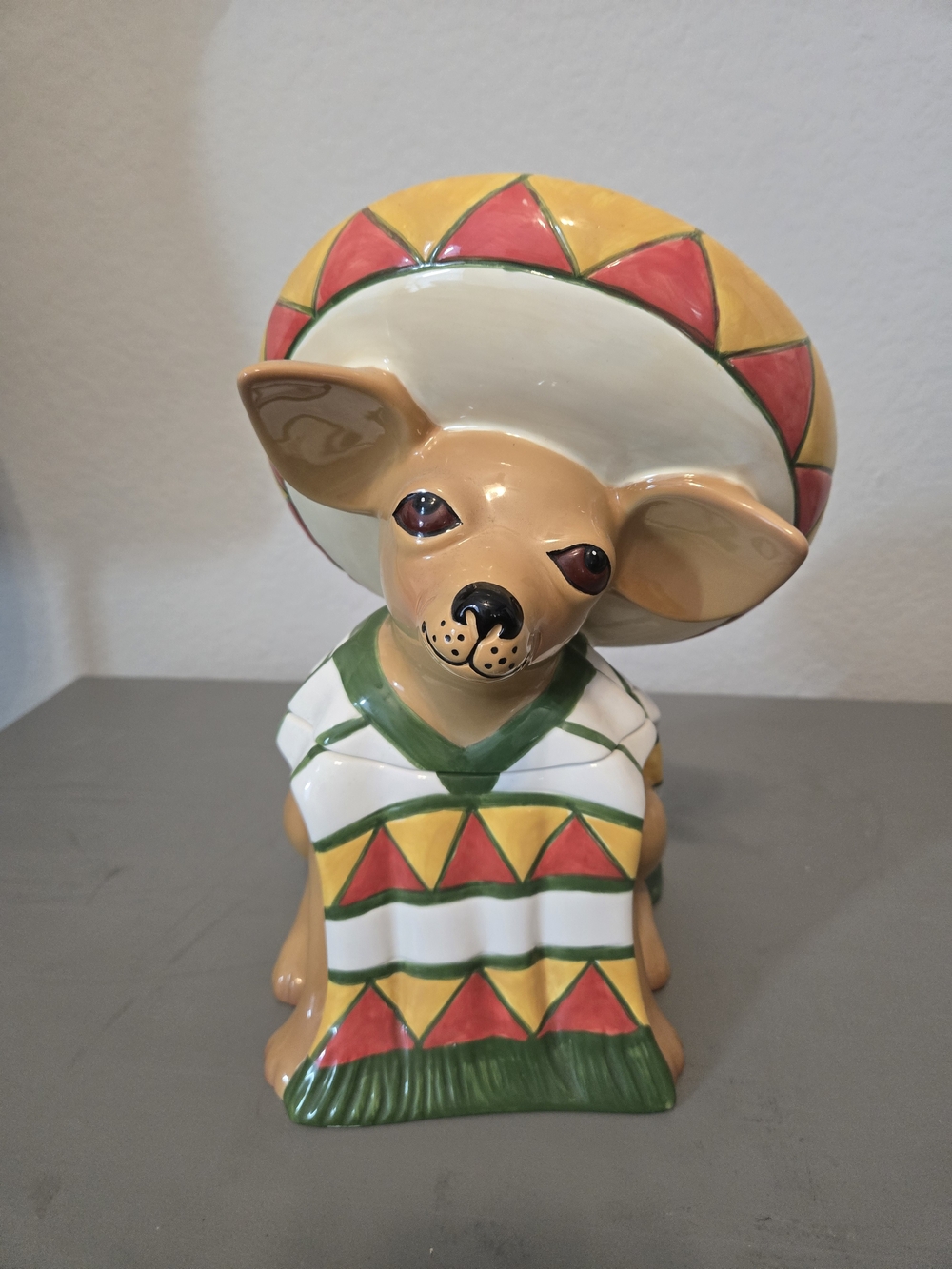 Clay ART Ceramic Chihuahua Cookie Jar in Tan, Green, Red, and Yellow